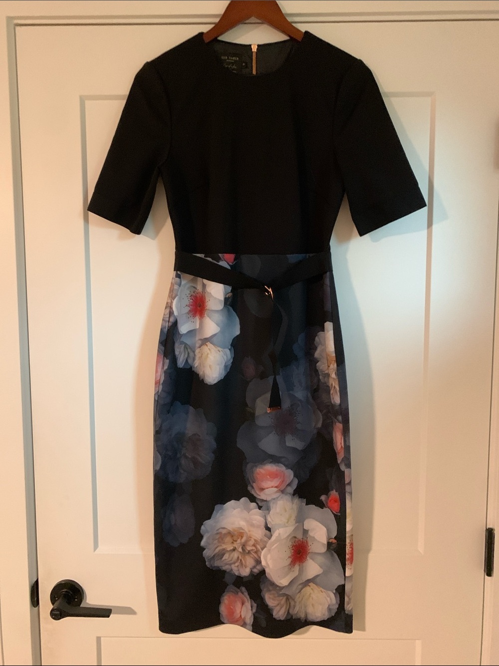 Ted Baker- size 3 (8) Black Floral Midi Dress with Belt